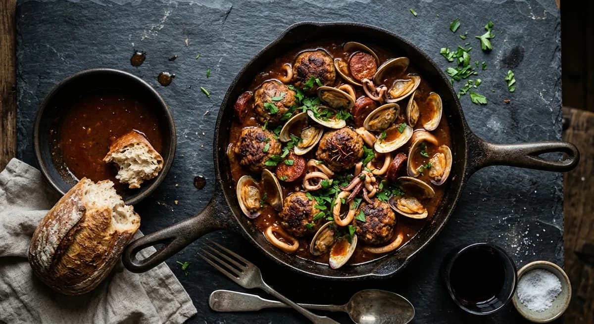 Rustic Spanish Meatballs with Clams, Chorizo, and Squid