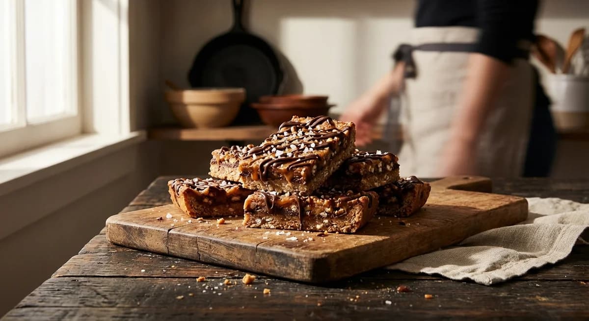 Salted Pretzel Dark Chocolate Caramel Crispy Bars