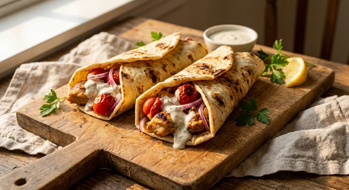 Sheet Pan Chicken Shawarma Wraps with Garlic Sauce
