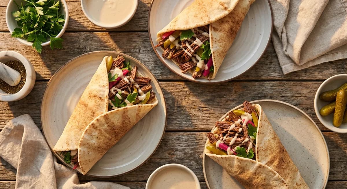 Slow-Roasted Beef Shawarma Wraps with Garlic Tahini