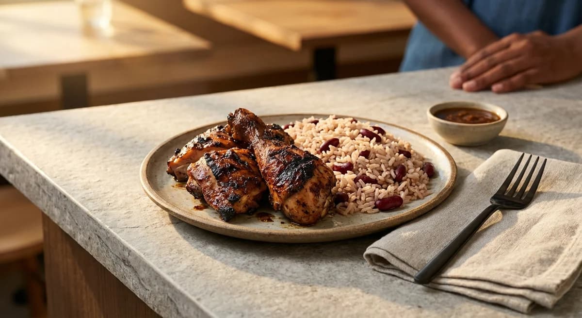 Smoky Grilled Jerk Chicken with Rice and Peas Recipe