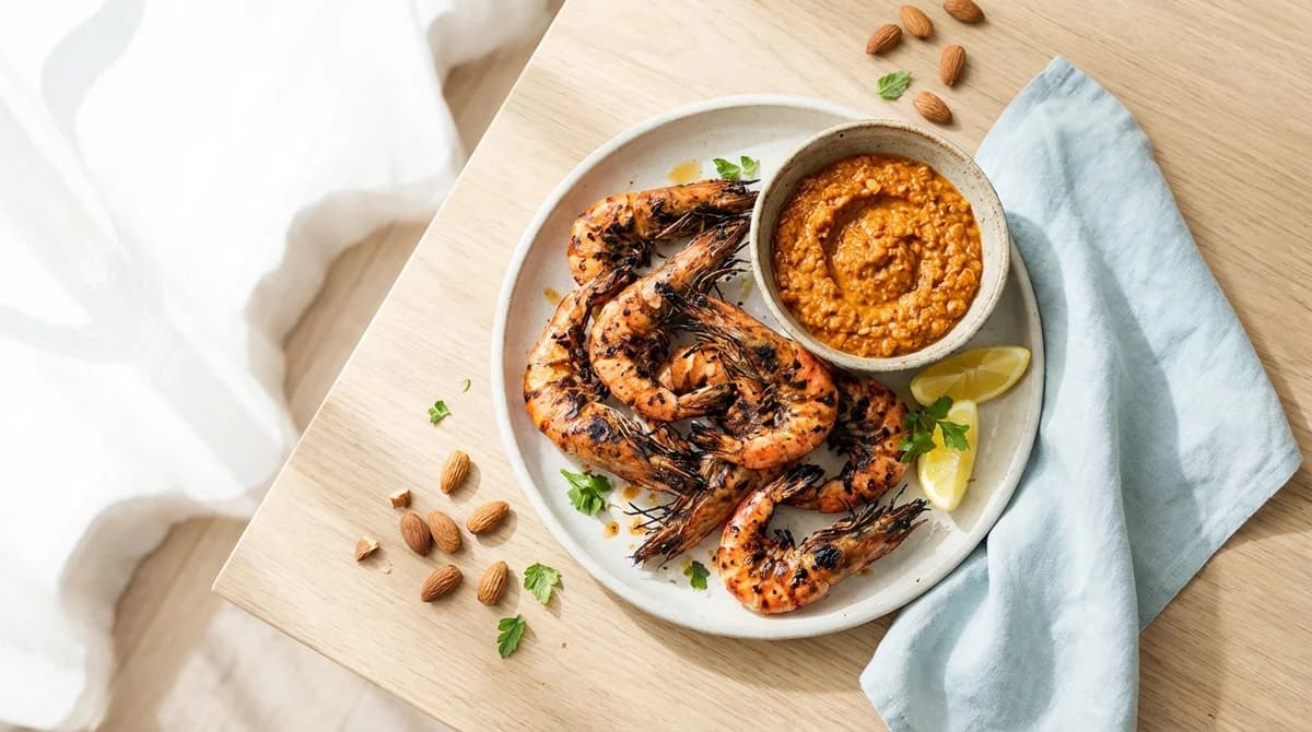 Smoky Grilled Prawns with Chunky Almond Romesco