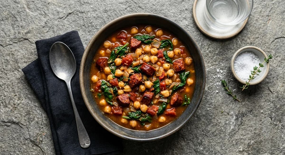 Smoky One-Pot Chickpea, Chorizo and Spinach Stew Recipe