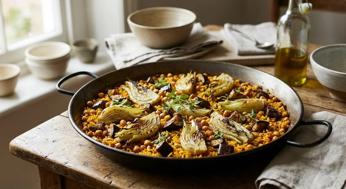 Smoky Roast Fennel and Aubergine Paella with Chickpeas