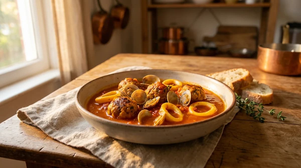 Smoky Saffron Meatballs with Clams and Squid