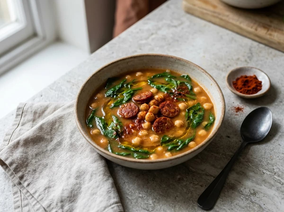 Smoky Spanish Chorizo and Chickpea Soup with Spinach