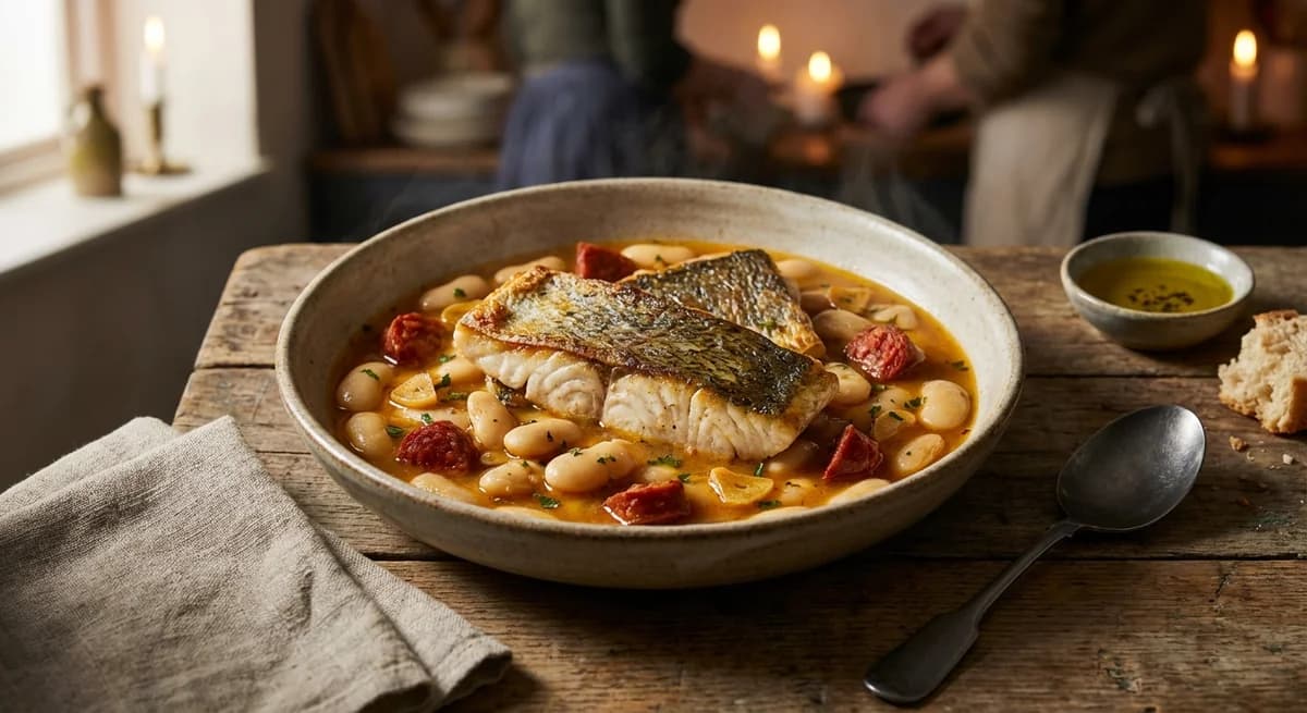 Spanish Pan-Fried Hake with White Bean and Chorizo Broth