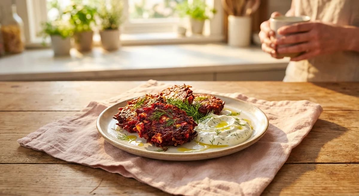 Spiced Beetroot and Feta Latkes with Dill Yogurt