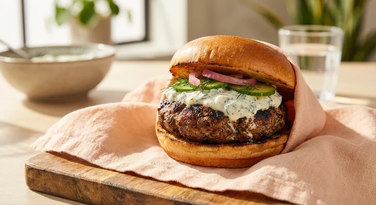Spicy Lamb Kofta Burgers with Tzatziki