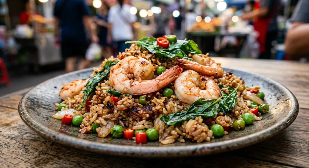 Spicy Thai Basil Fried Rice with Prawns and Peas