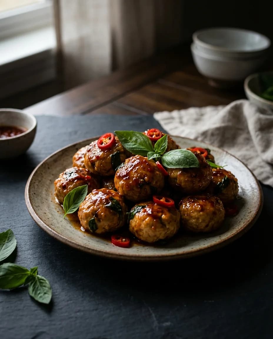 Thai Basil Chicken Meatballs with Chili Glaze