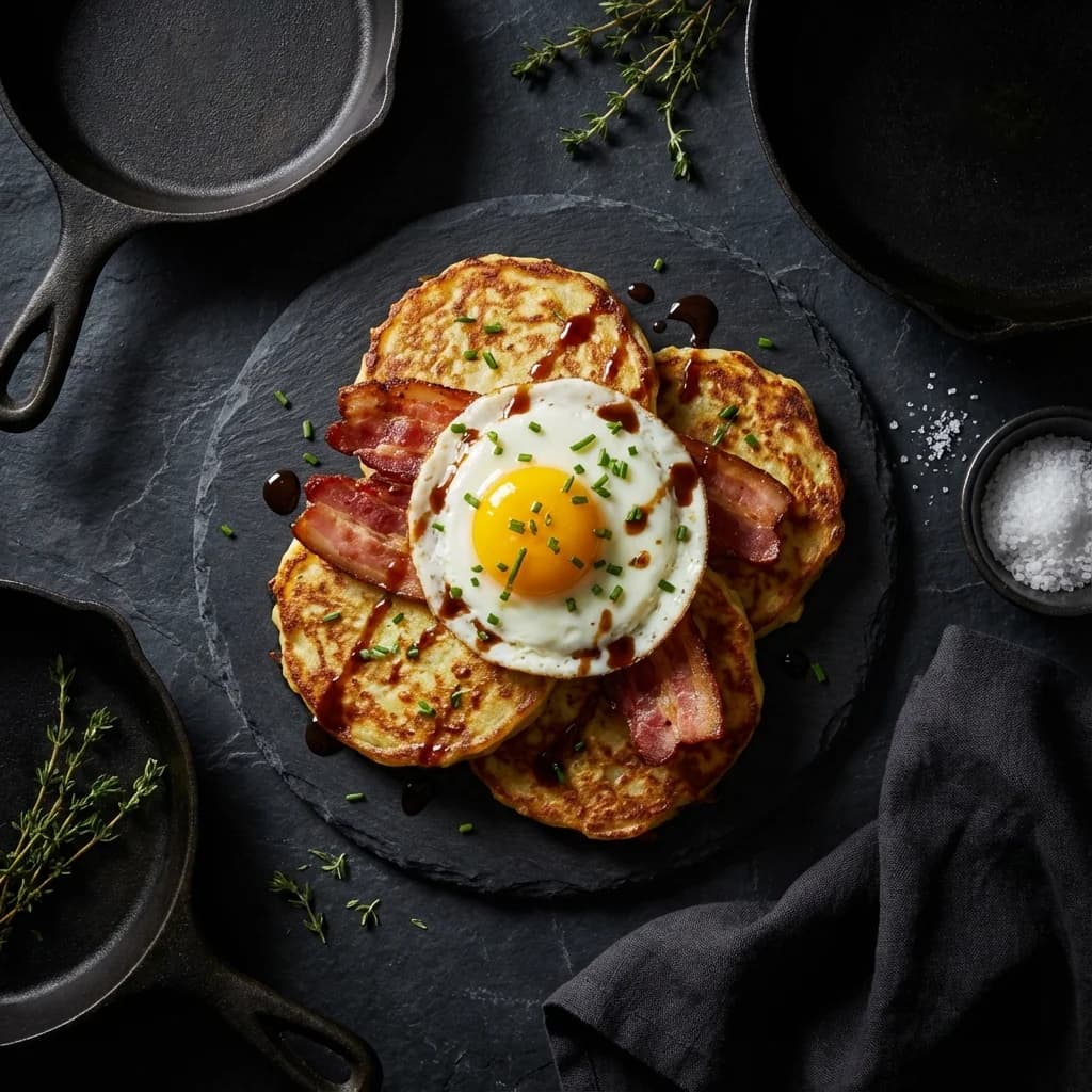 Ultimate Breakfast Boxty Stack with Bacon and Eggs