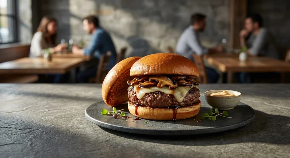 Umami Bomb Burger with Shiitake Mushrooms and Gruyere
