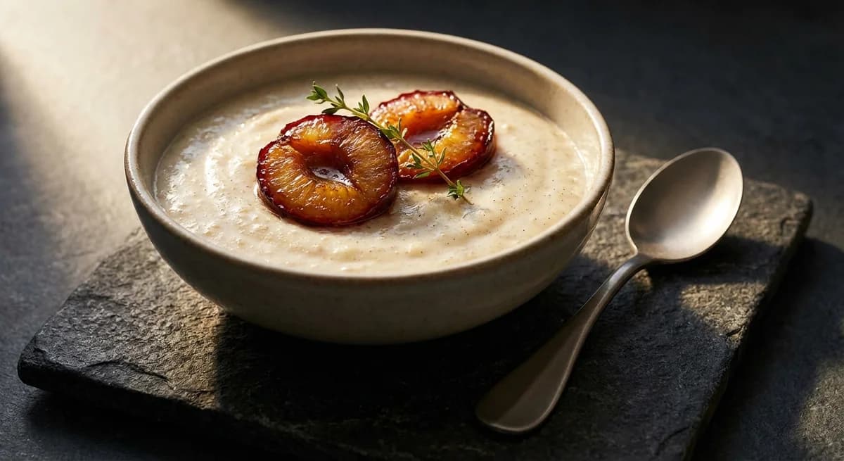 Vanilla Bean Rømmegrøt with Roasted Plums