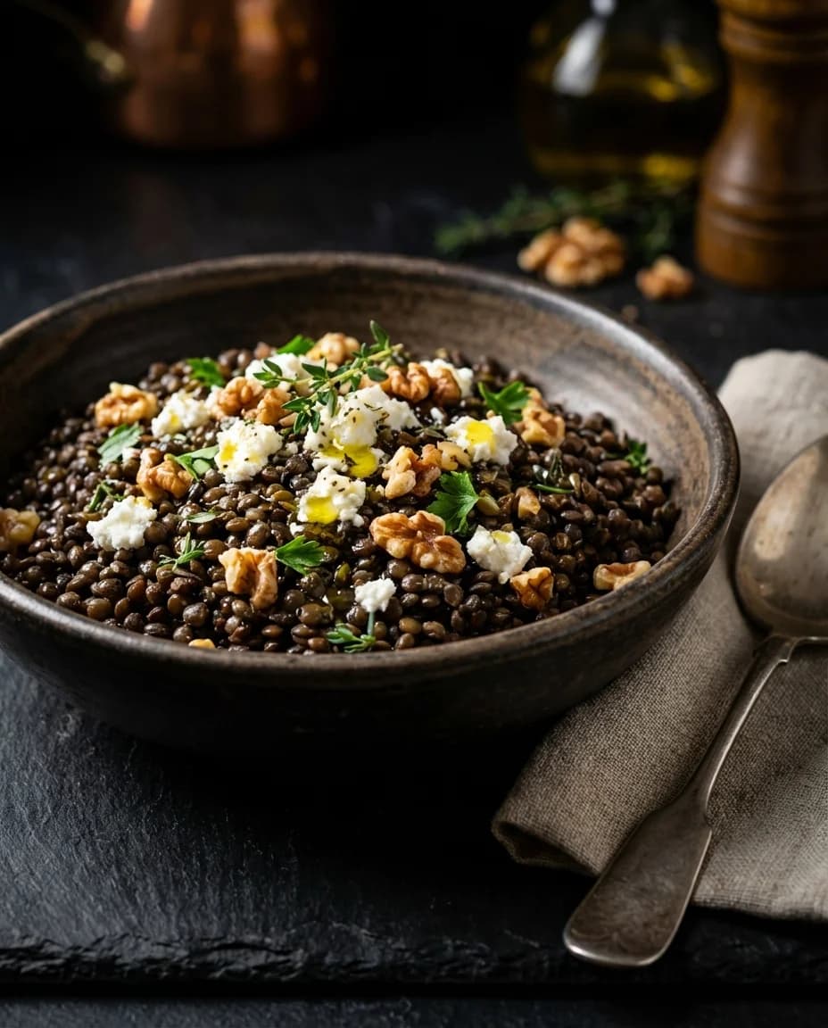 Warm French Lentil Salad with Goat Cheese and Walnuts