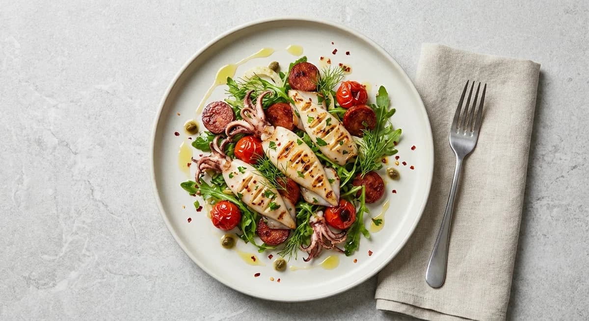 Warm Grilled Squid and Chorizo Salad with Lemon Vinaigrette