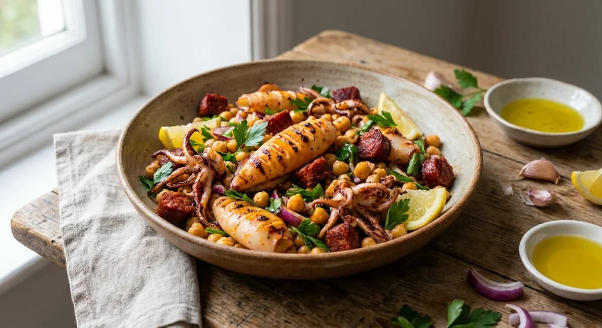 Warm Grilled Squid and Crispy Chorizo Salad with Lemon Chickpeas