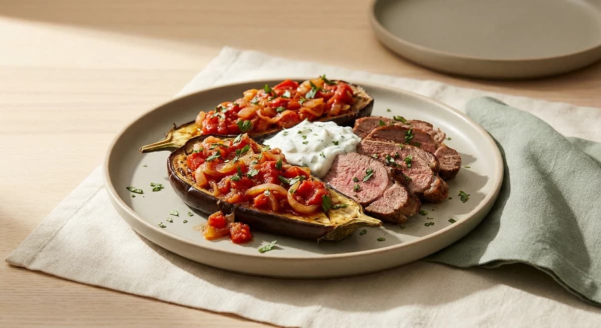 Easy Sheet-Pan Imam Bayildi with BBQ Lamb and Tzatziki Recipe