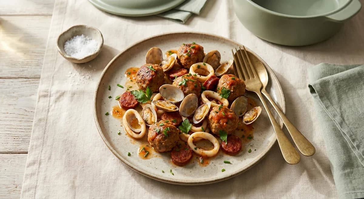 Light and Healthy Spanish Meatballs with Clams, Chorizo & Squid