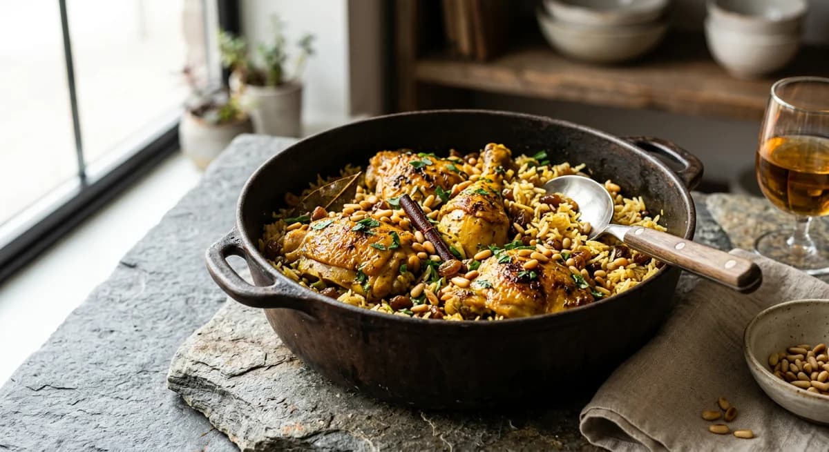 One-Pot Chicken with Saffron, Raisins and Pine Nuts