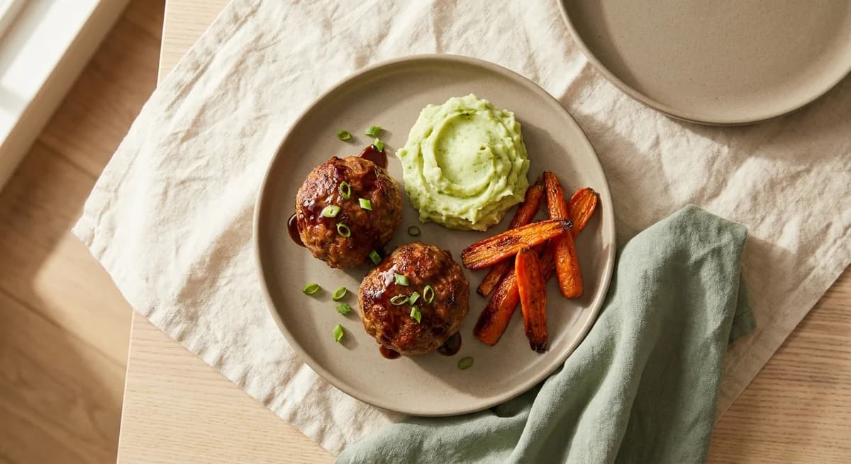 Quick 30-Minute Soy-Glazed Meatloaves with Wasabi Mashed Potatoes & Roasted Carrots