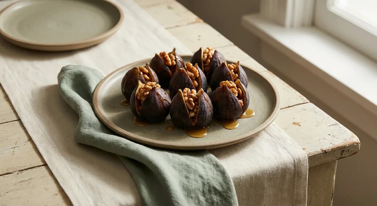 Quick Walnut Stuffed Figs with Honey Fig Syrup
