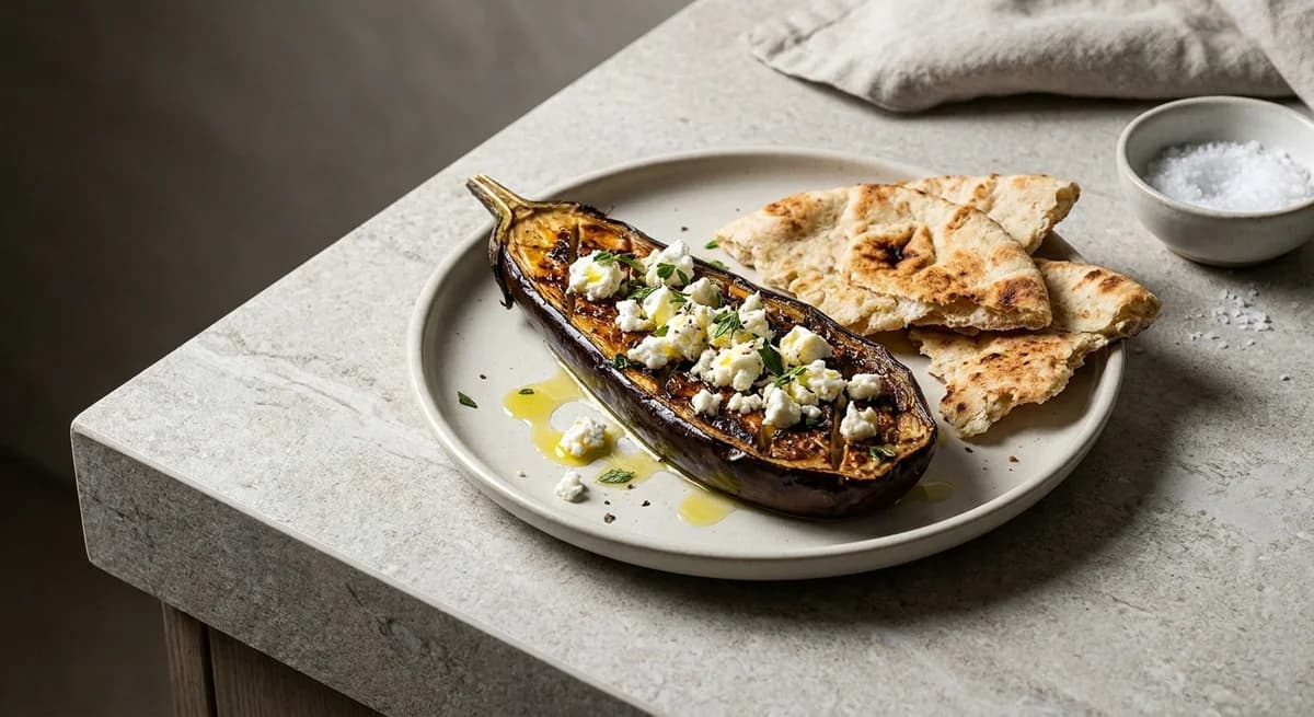 Rustic Roast Aubergine with Goat's Cheese and Toasted Flatbread