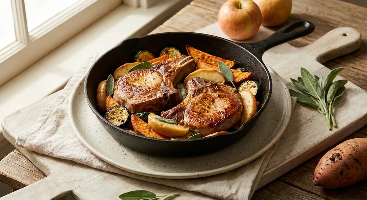 Rustic Skillet Apple Pork Chops with Roasted Sweet Potatoes & Zucchini