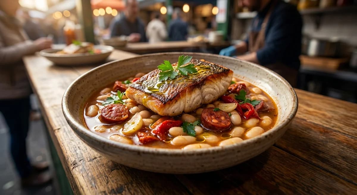 Smoky Spanish Pan-Fried Hake with White Bean and Chorizo Broth Recipe