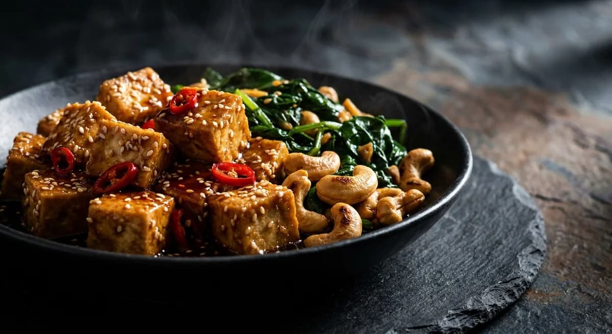 Spicy Sesame Ginger Tofu, Greens & Cashew Stir-Fry Recipe