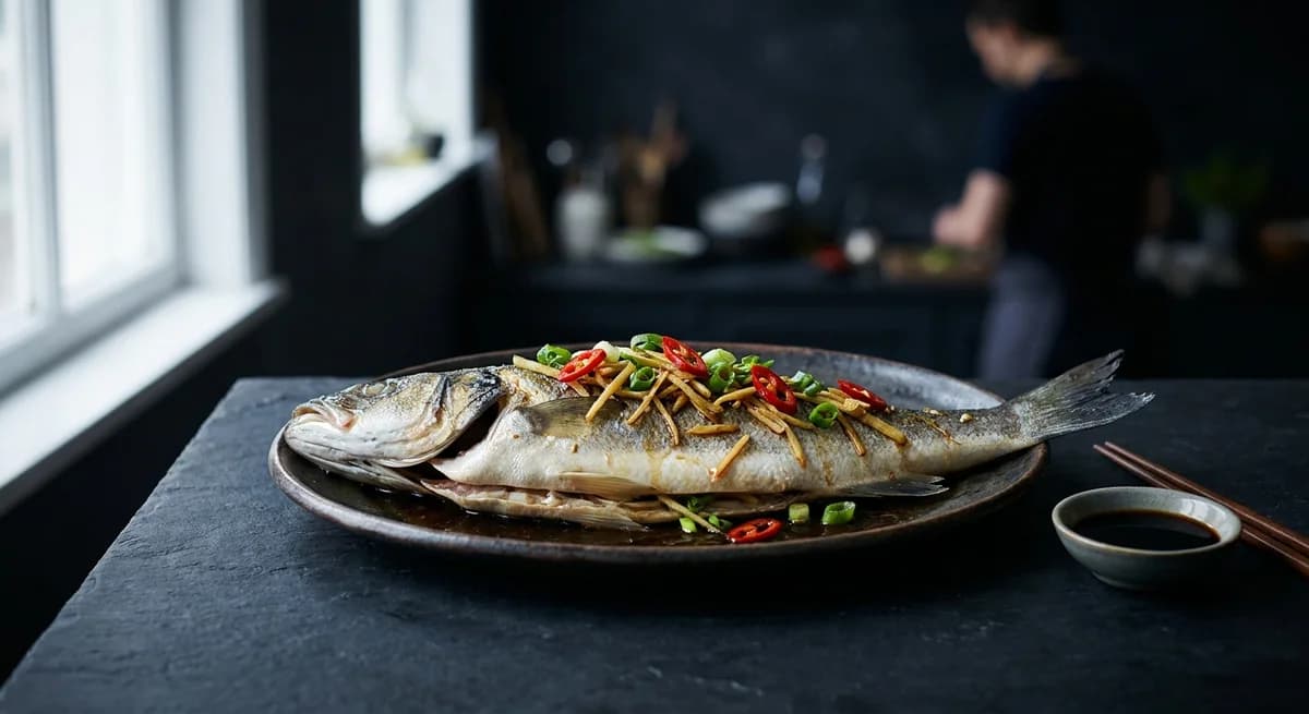 Steamed Chinese-Style Sea Bass with Sizzled Ginger, Chilli and Spring Onions Recipe