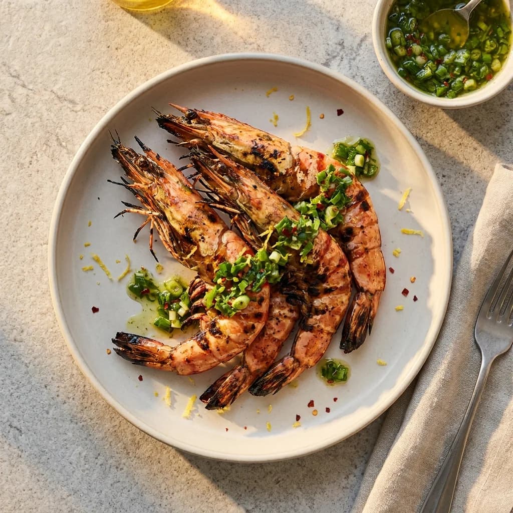 Zesty Grilled Prawns with Green Onion Sauce